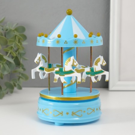 Musical mechanical souvenir "Carousel 4 horses" Blue 9.6x9.6x15.5 cm
