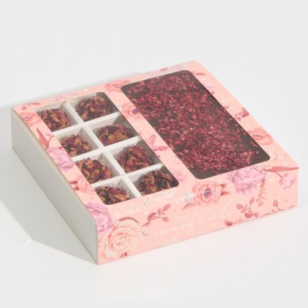 Box for 8 sweets and chocolate with cells, confectionery packaging, “pink flowers” ​​18 x 18 x 4 cm