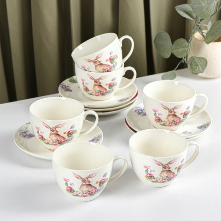 Service porcelain tea shade "Bunny", 12 objects: 6 cups 250 ml, 6 saucer d = 15 cm, white color-8