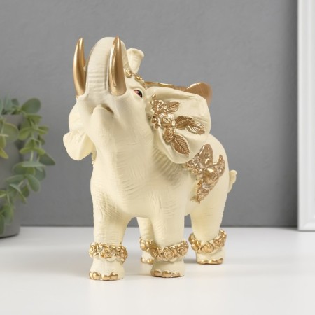 Souvenir Polystone "Beige Elephant with a Golden Flower" 18x14x19 cm-1