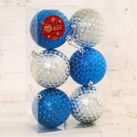 Set of balls plastic D-8 cm, 6 pcs "Melania" silver blue-1