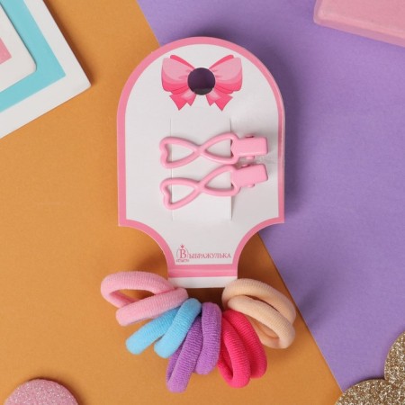 Caramel hair set (10 elastic bands 1.5 cm, 2 clamps 3 cm) hearts, pink