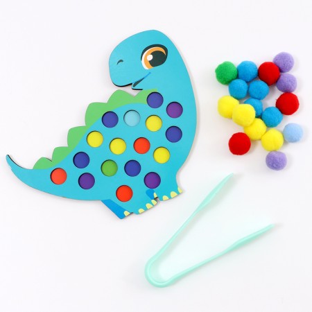 Wooden sorter "Dino" with pompons and tweezers, 15 x 21 cm-1