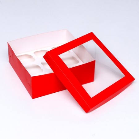 Packaging for 9 cupcakes with a window, red, 25 x 25 x 10 cm-3