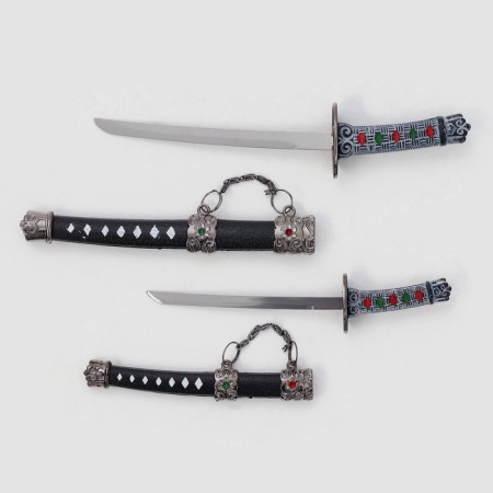 Suv. Product Katana-Mini 2B1 on a stand, black scabbard with white rhombuses 16/20cm mix-2