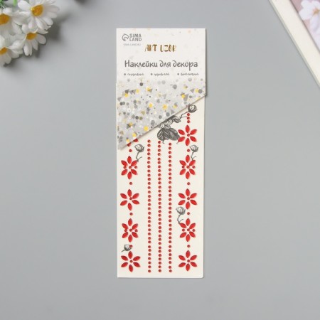 Sticker of rhinestones plastic tattoo on the body "Flower application" Red set 2 sheets 18x8 cm
