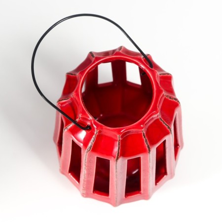 Ceramics candlestick for 1 candle "Lantern with cuts" dark red 19x14x14 cm-5