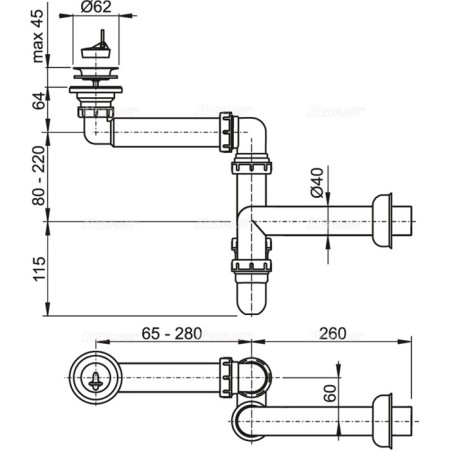 Cyphon for the ALCAPLAST A413, DN = 40 mm shell, saving space, grate DN = 63 mm-1