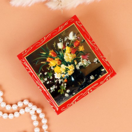 Casket "Flowers in a vase", red, 10x10 cm, lacquer miniature-2