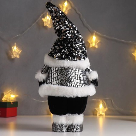Interior doll "Santa Claus in a black fur coat and cap with sequins" 41x11x16 cm-2