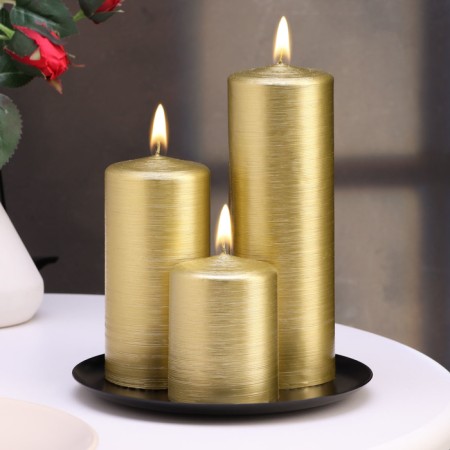 Set of candles-cylinders on the stand "Interior", 3 pcs, gold