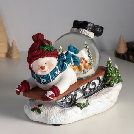 Souvenir polystone water ball Music, light "Snowman on the sled" d = 10 cm 22x14x17.5 cm