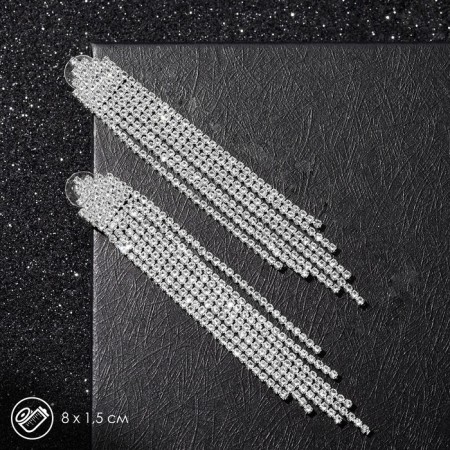 Hanging earrings with rhinestones "Waterfall" Mini Triangle, white color in silver, 8cm