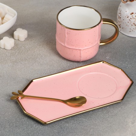 Tea couple ceramic with a spoon "Spring", 2 items: mug 300 ml, saucer, pink color-1