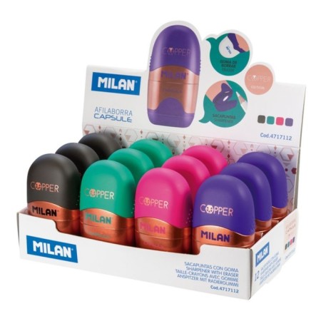 Milan Capsule Cooper sharpener, 1 hole with a container, with an eraser, mix-1