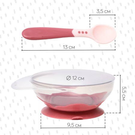 Set for feeding: a bowl on the suction cup, with a lid + spoon, pink color, 400 ml.-2