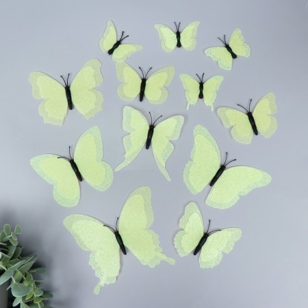 Magnet Plastic "Butterfly Double Wings - Shine" Light green set 12 pcs
