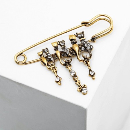 Cat Family Pins, 7 cm, white color in black gold-3