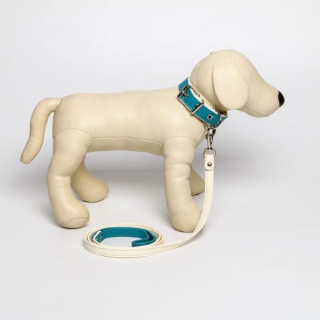 Set of collar (58x2.5 cm) and leash (130x1.4 cm) from eco -leather, turquoise with white-7
