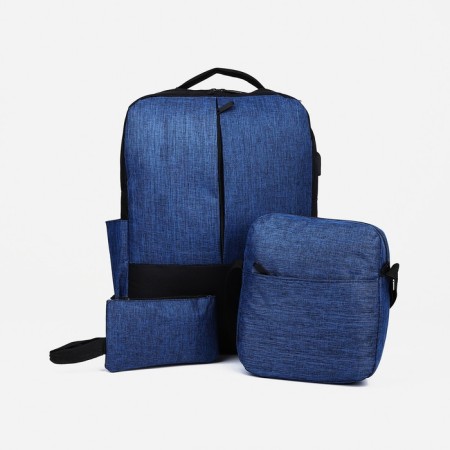 Set of men's backpack on a zipper with USB, external pocket, cosmetic bag, bag, blue color-4