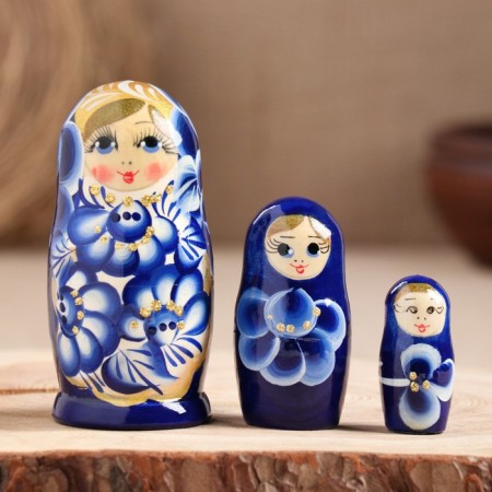 Matryoshka "Marina", blue-white dress, 3 puppet. 9-11 cm