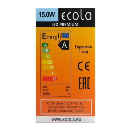 LED LED Ecola Classic Premium, E27, A60, 15 W, 6500 K, 120x60 mm-2