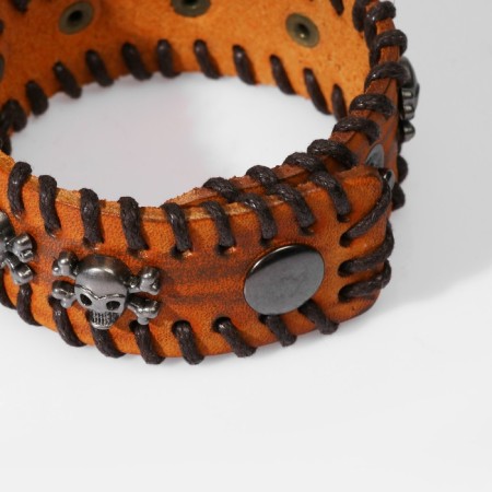 Bracelet Skin "Skull" with bones, brown color with silver, 20 cm-2