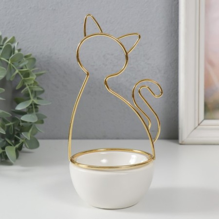 Souvenir ceramics, metal stand "cat" white with gold 9.8x8.3x17.7 cm-1