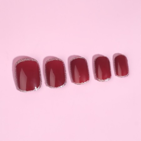 Wine overhead nails, 12 pcs, with adhesive plates, soft square shape, burgundy/silver color-6