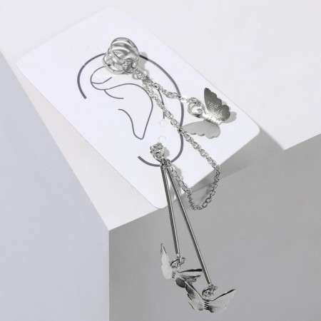 Серьга «Кафф» бабочка, цвет серебро-2
