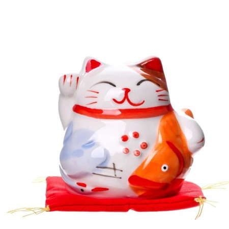 Souvenir Cot Pigger Ceramics "Maneki-Neko with a fish on the pillow" 6.5x7.5x6.3 cm-5