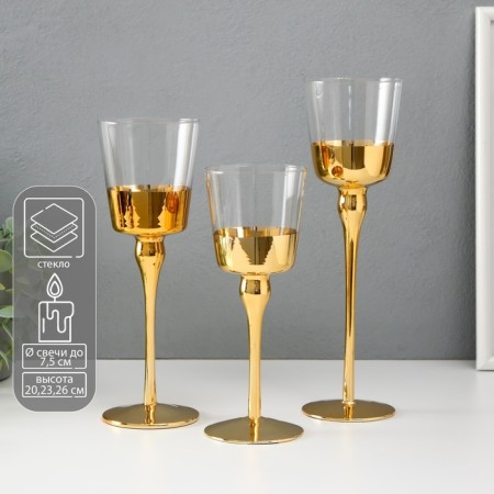 Glass candlestick Set 3 pcs "Romance of candles" gold height 26cm, 23 cm, 20 cm