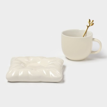 Tea couple ceramic with a spoon "Zephar", 2 items: a cup 250 ml, a saucer d = 13 cm, beige color-2