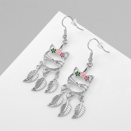 Emall earrings "cat" with leaves, colored in silver