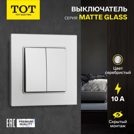 Tot Matte Glass switch, 10 a, 2 cl., Hidden, glass, silver