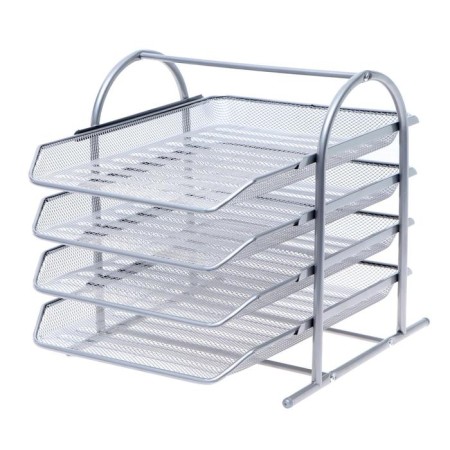 Horizontal tray for papers 4 compartments, mesh metal, gray color