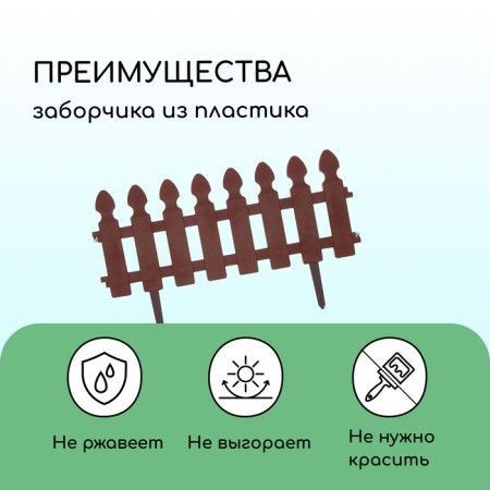 Decorative fence, 36 × 200 cm, 4 sections, plastic, chocolate color, “picket fence”-3