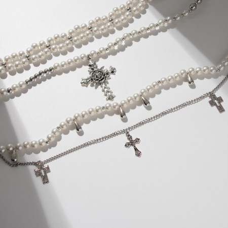 The chocker-kore multi-layer "cross" pearl, white color in silver-1