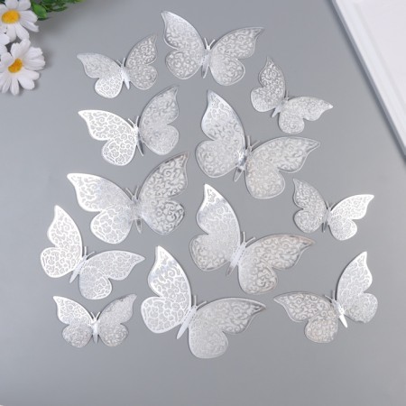 Stick paper, plastic "Flower butterflies silver" sparkles set 12 pcs 12 cm, 10 cm 8 cm 1052426
