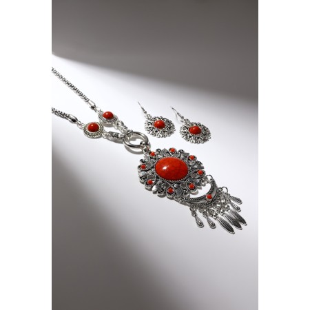 Set 2 objects: earrings, necklace "India", red color in black silver, 52 cm-3