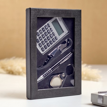 Gift set 4V1 (pen, calculator, keychain, corkscrew with opening)