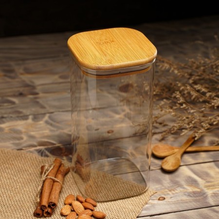 Glass Bank for bulk products with bamboo cover Bellatenero "Eco. Square ", 1.5 l, 10 × 21 cm-5