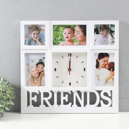 Multipher with the clock "Friends" plastic, 5 photos (10x15/3 pcs, 10x10/2 pcs), col. white