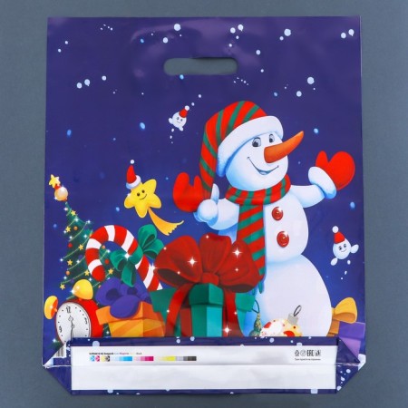 New Year. Package "Snowman with Gifts", polyethylene gloss with a cut pen, 38x44.5 cm.-1