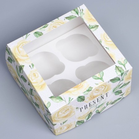Capcake box, confectionery packaging with a window, 4 cells "White Roses", 16 x 16 x 10 cm-1