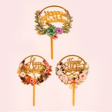 A set of toppers “Happy birthday. Flowers 