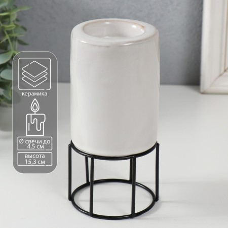 Ceramics candlestick, metal on 1 candle "column" white with black 7.4x7.4x15.3 cm