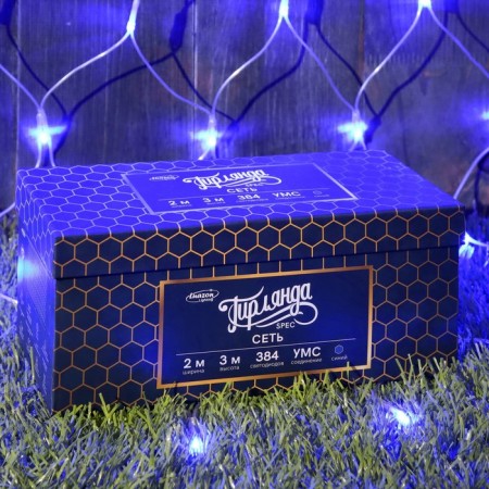 Garland "Network" 2 × 3 m, IP44, UMS, transparent thread, 384 LED, blue glow, 220 V-3