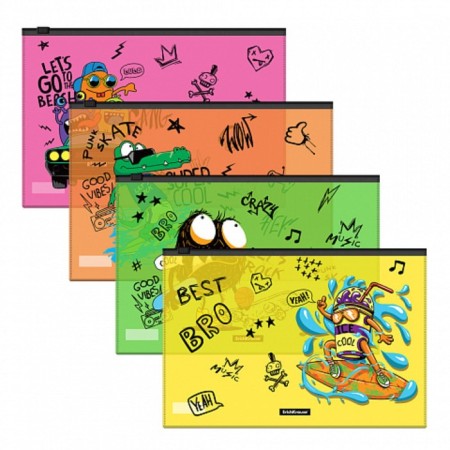 Folder envelope on ZIP-Molniya B5 (289x214 mm), 180 μm, Erichkrause Funny Monsters, translucent, mix