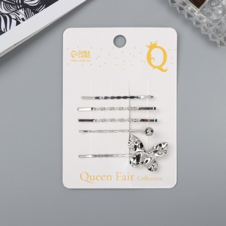 Invisible hair "Bente" (set of 5 pcs) butterfly, 5 and 6 cm, silver-1
